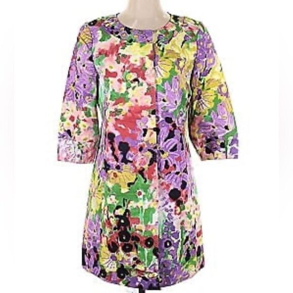 Elie Tahari floral jacket coat multicolor yellow purple snap front duster M C14 - Picture 1 of 13